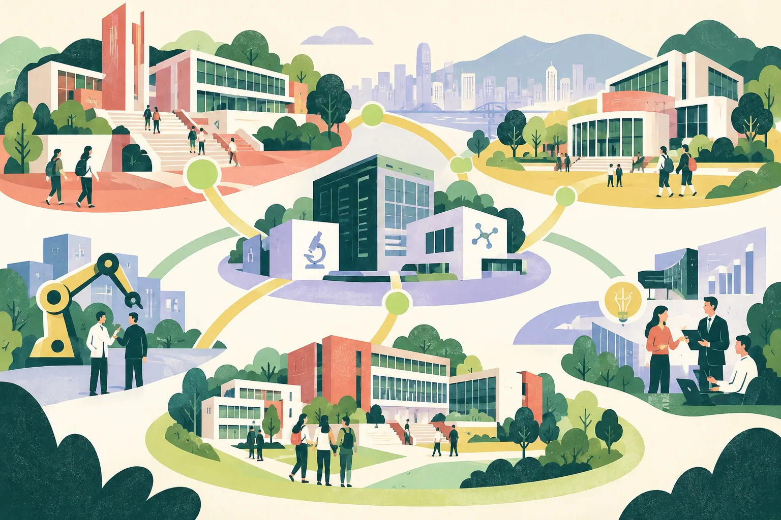 Three clusters of simplified campus buildings sit among broad cut-paper shapes, linked by geometric lines to abstract research and industry forms.