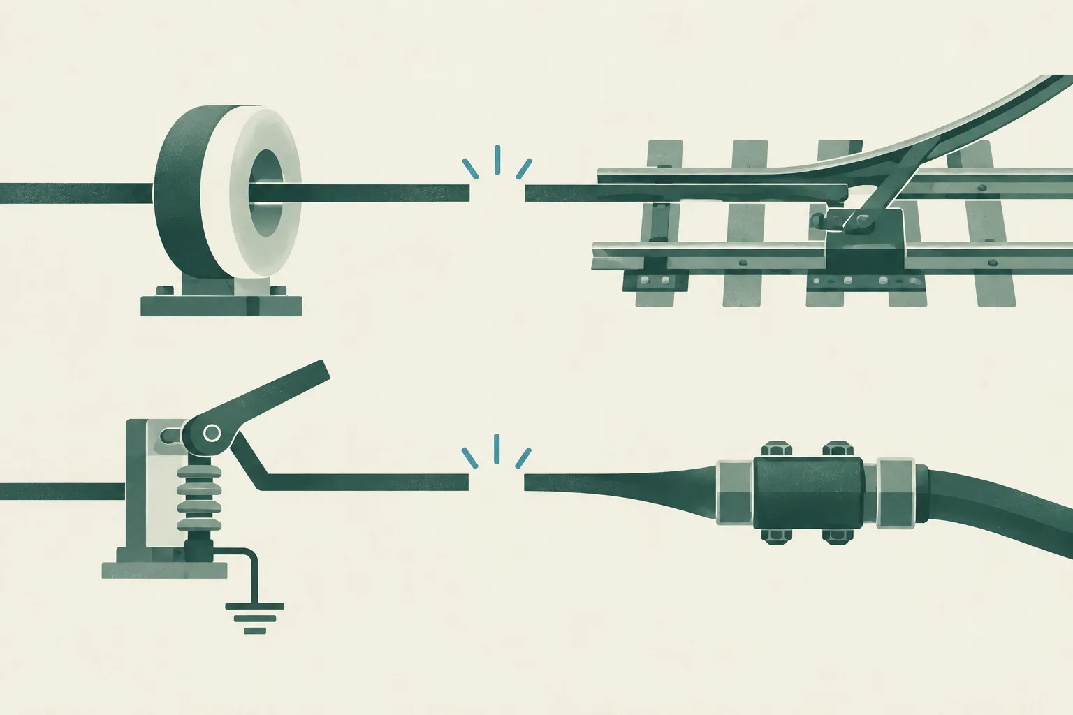 Two simplified electrical pathways on a cream background, each interrupted near a different generic switch and cable connection.