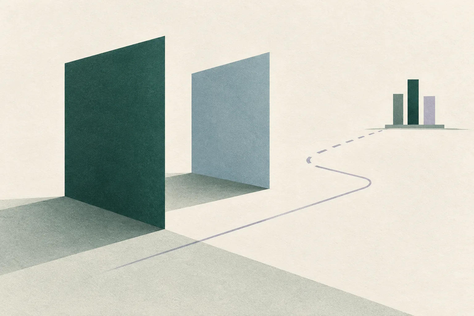 Muted green and cream geometric planes sit apart on a pale ground, crossed by a fine line that stops before reaching a small group of upright blocks.