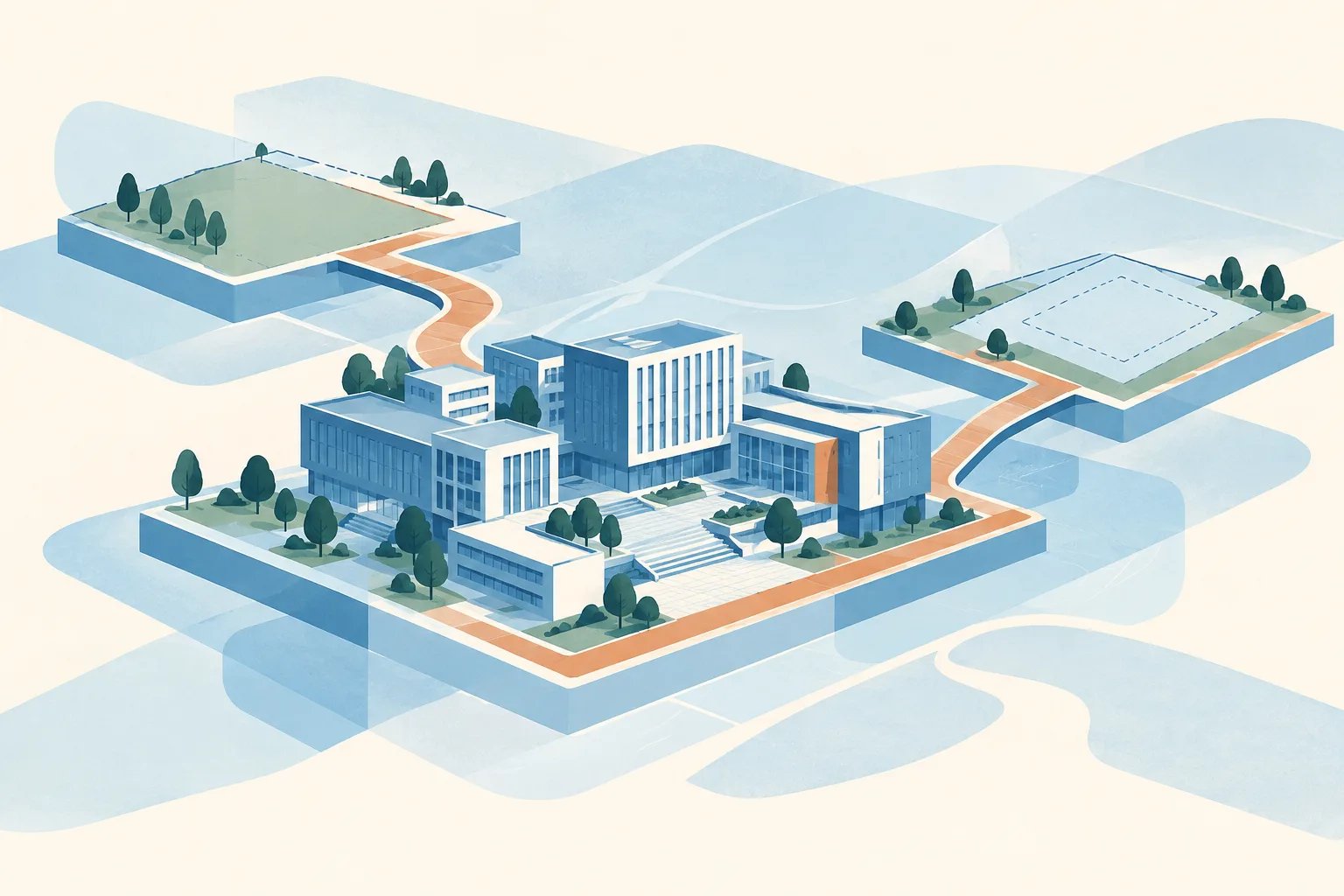 An abstract site-planning collage shows staggered cream land planes linked by a mineral-blue path, with a small cluster of simplified research buildings and restrained copper accents.