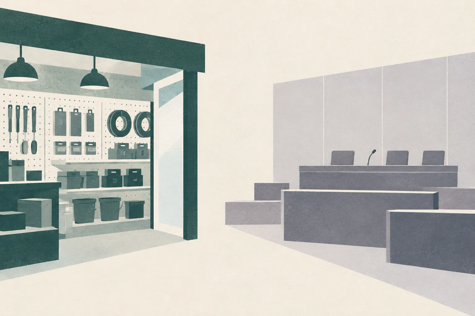 A simple shop-grid shape and a blank rectangular plane sit apart, separated by open space.