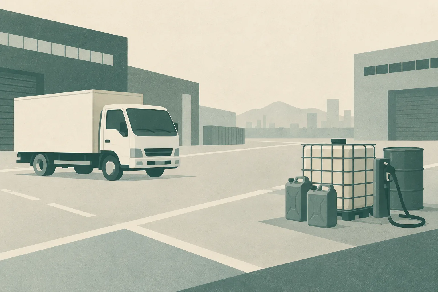 A simplified industrial roadway grid holds a small generic vehicle outline and separate neutral fuel-container shapes, divided by a clear gap.