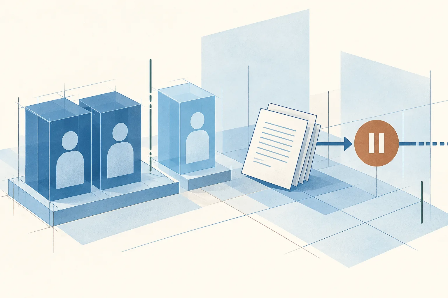 An abstract civic diagram pairs two blue blocks with one smaller block beside application sheets and a process line paused at a divider.
