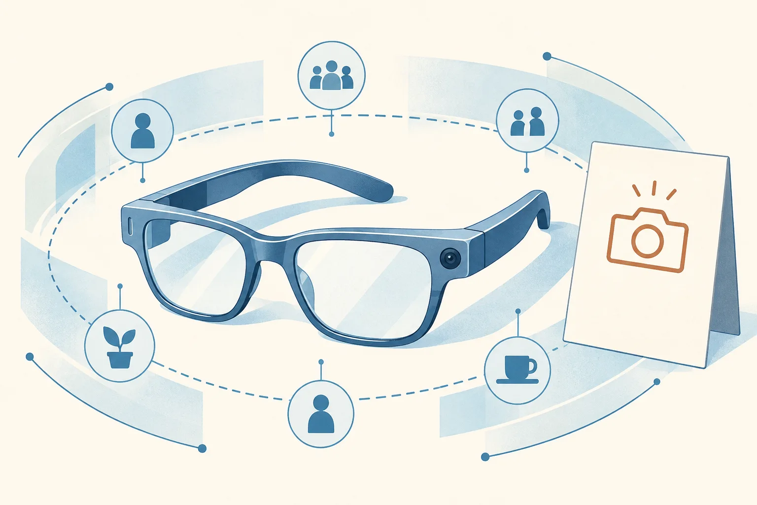 A simplified pair of smart glasses sits within a light-blue diagram of privacy boundaries, beside a small blank notice card.