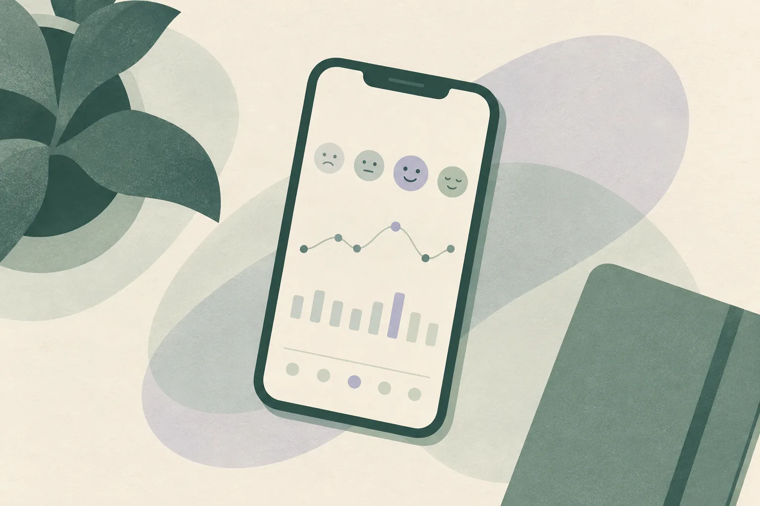 A phone with a simple, text-free mood-tracking screen rests among soft overlapping shapes in muted green and cream.