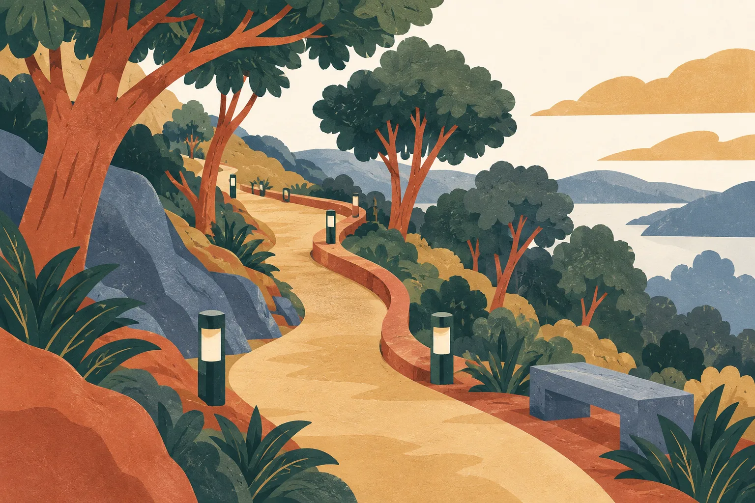 A curved walking path crosses layered terracotta and cream hillside shapes, with small lights beside the path and separate tree forms nearby.
