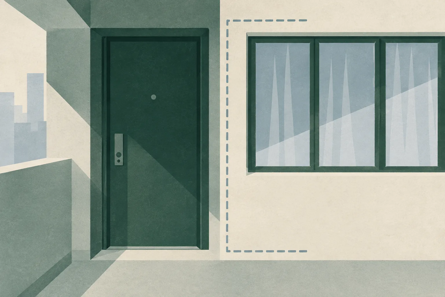 An abstract closed doorway and veiled window shapes sit within a muted green and cream composition, bordered by a fine incomplete outline.