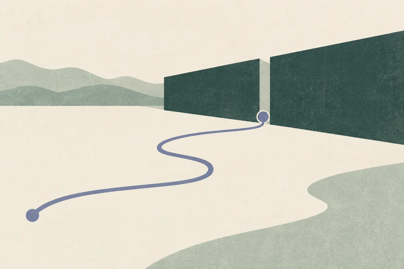 A thin abstract travel line ends at a broad muted teal boundary on a quiet cream field.