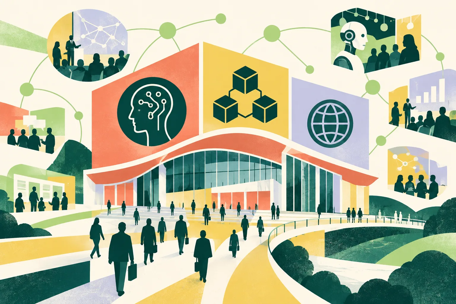 A cut-paper conference pavilion sits among three linked panels, with small gathering nodes and an abstract network motif in coral, blue, ochre and teal.