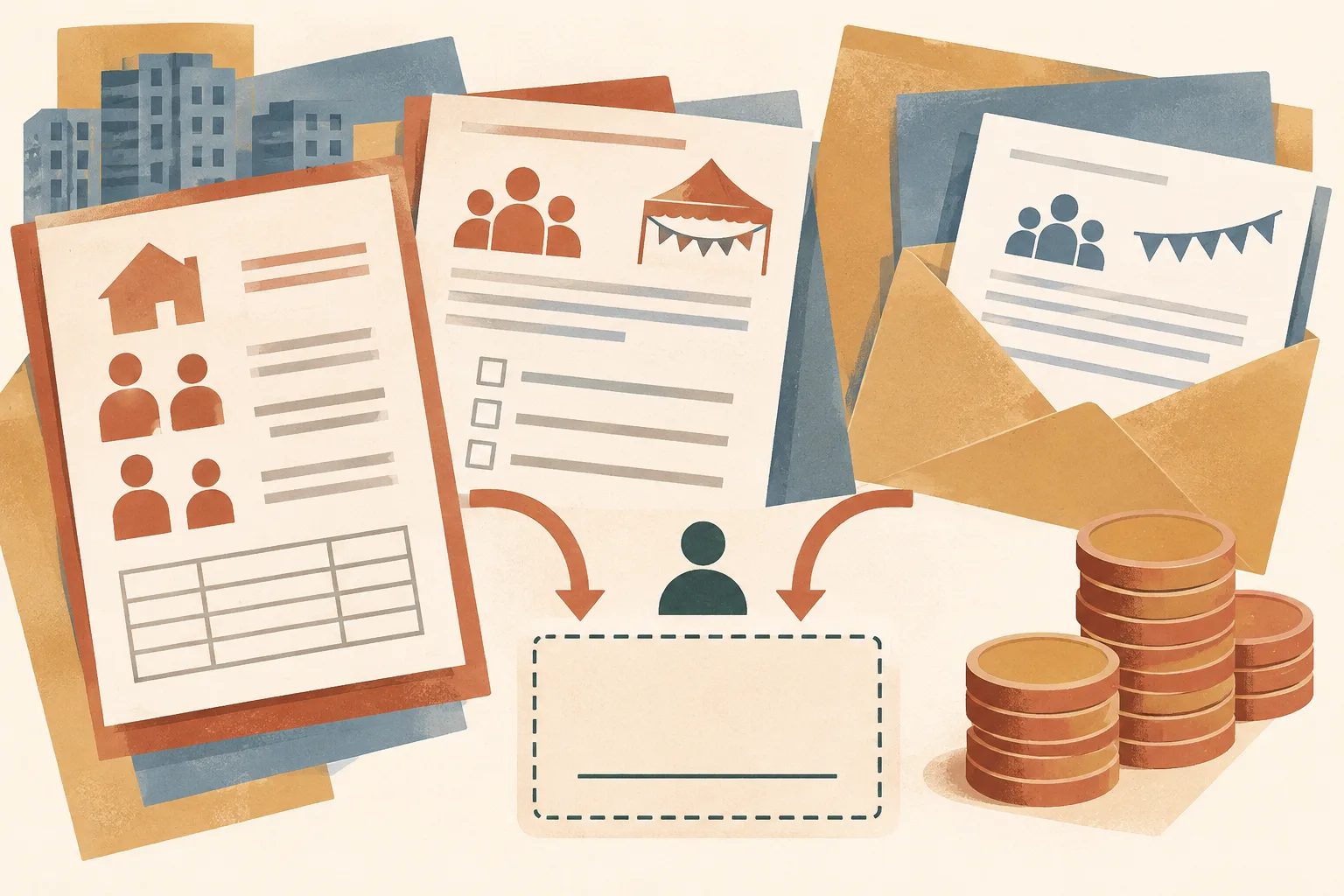 Two overlapping application sheets sit beside a generic, layered housing-plan shape. One sheet suggests a tenancy family list and the other a community activity request; an unfilled approval space separates them.