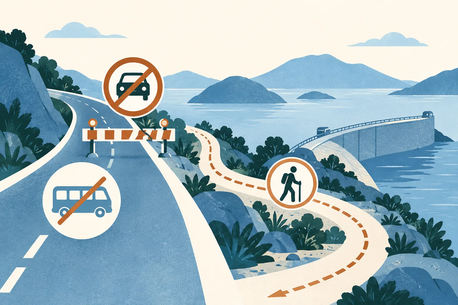 A light-blue abstract route diagram shows a road interrupted before a reservoir-side destination, while a separate walking path continues toward it. Small geometric accents suggest a scheduled running event.