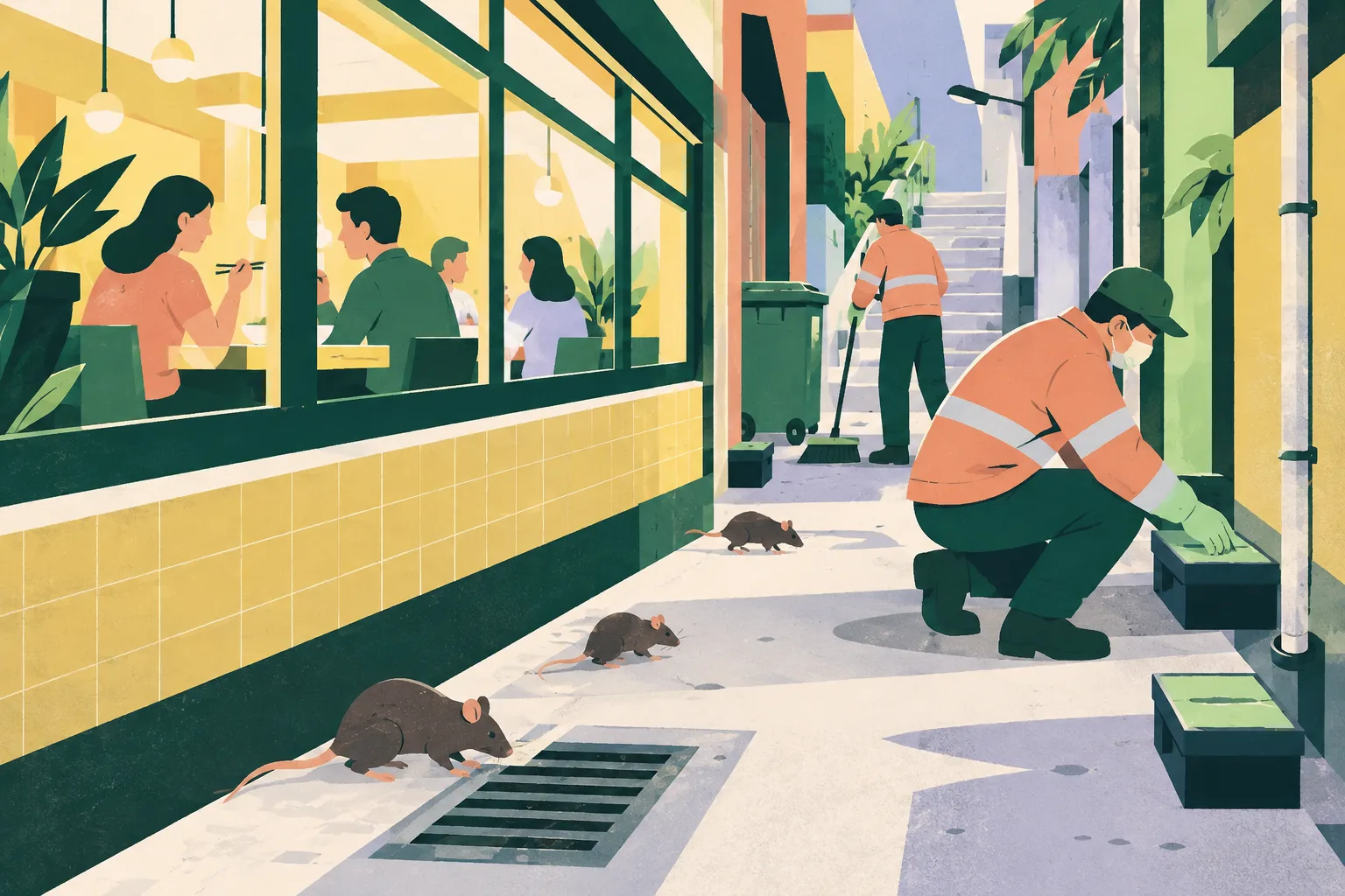 A cut-paper illustration of a generic restaurant window beside an alley, with a few small rat shapes and simplified pest-control and street-cleaning elements.