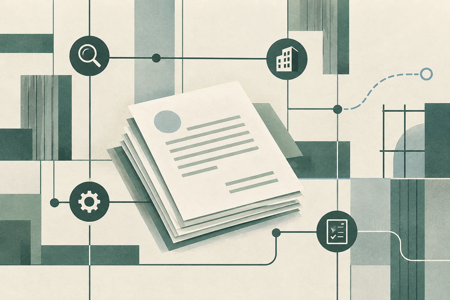 A small stack of cream pages rests within a muted green grid of abstract building and inspection lines, with several connected review points and one path left open.
