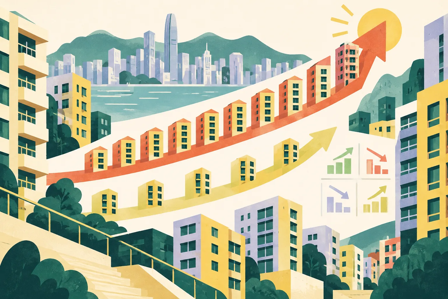 Generic apartment shapes sit beside two rising index paths, one longer and more pronounced than the other, with small blocks stepping in different directions.
