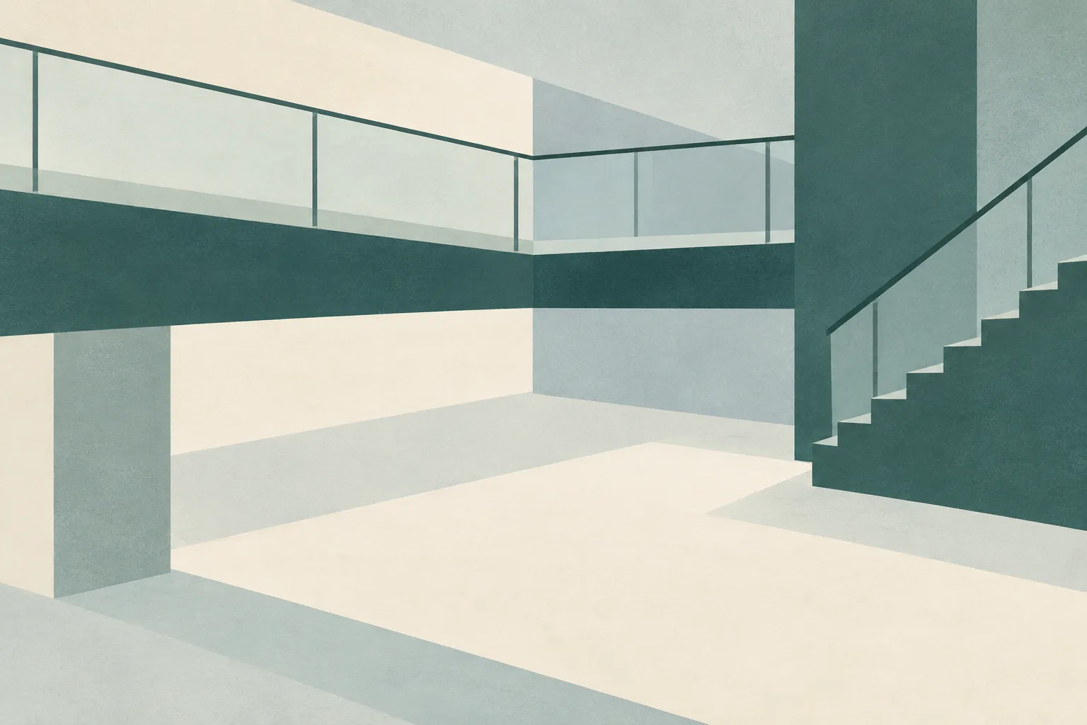 Sparse abstract illustration of two separated architectural planes and a simple stair-edge shape in muted green and cream.