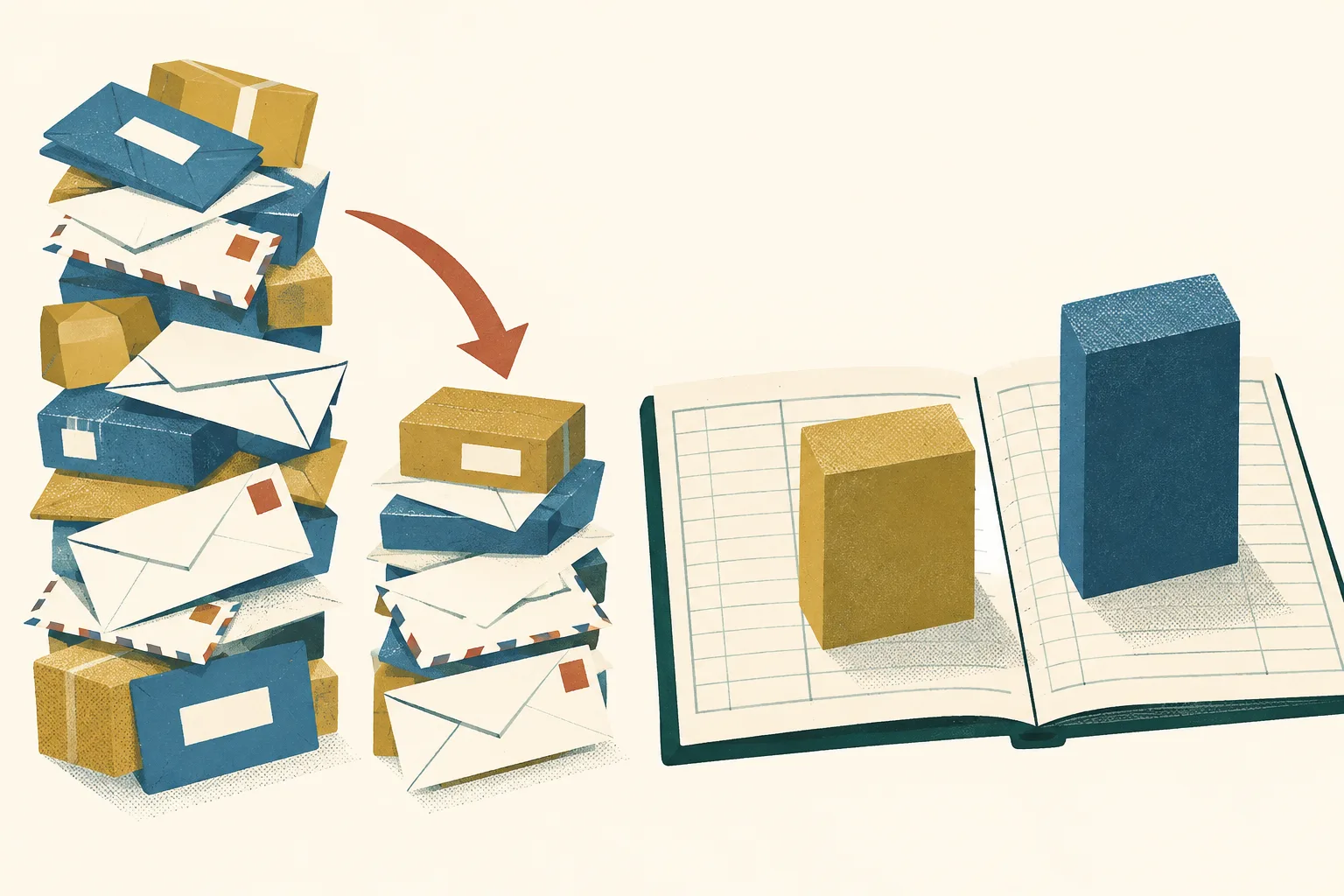 A top-down illustration of generic envelopes and small parcels beside an open ledger with two slightly unbalanced blocks.