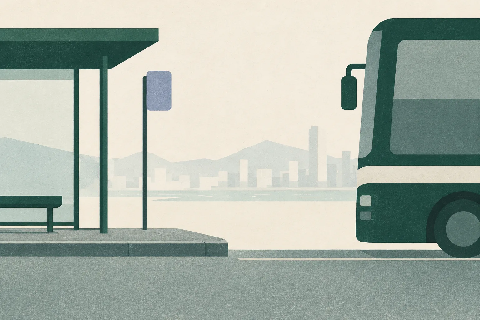 A simplified bus beside a bus-stop edge, with a quiet gap dividing the pavement lines.