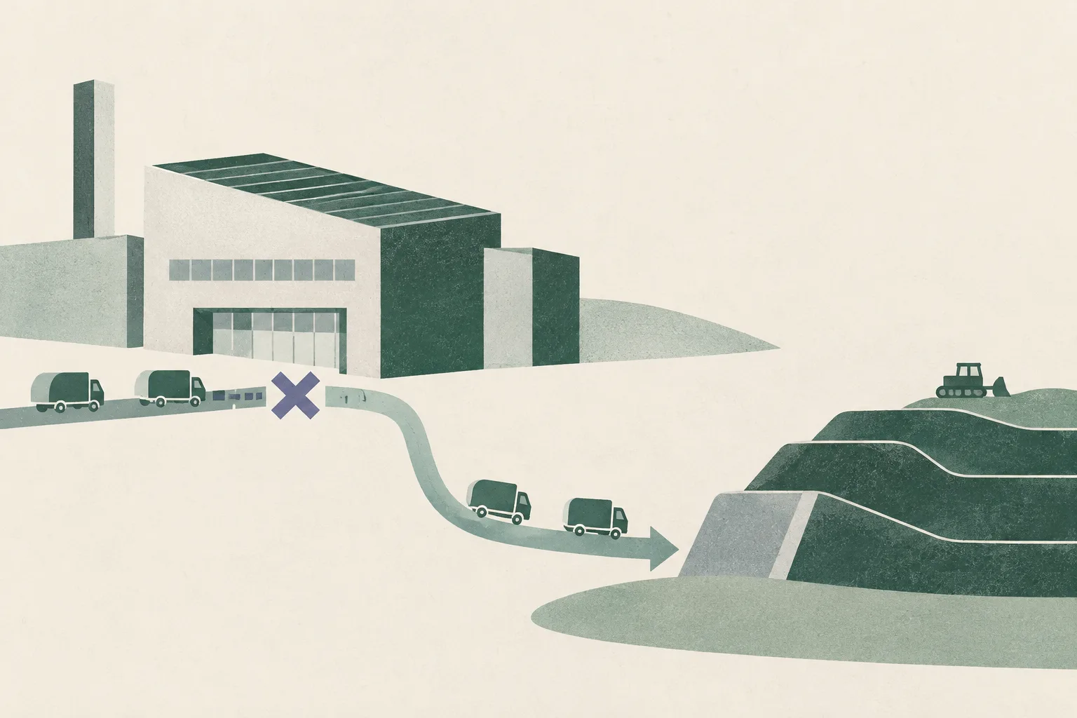 A simplified industrial roof module sits beside a broken route, with an abstract waste-flow line redirected toward a low landfill form.