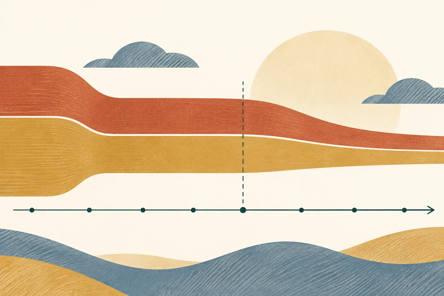 A layered ochre and terracotta ribbon splits into two broad bands, runs across an extended cream timeline, and gradually narrows beyond a small marker.