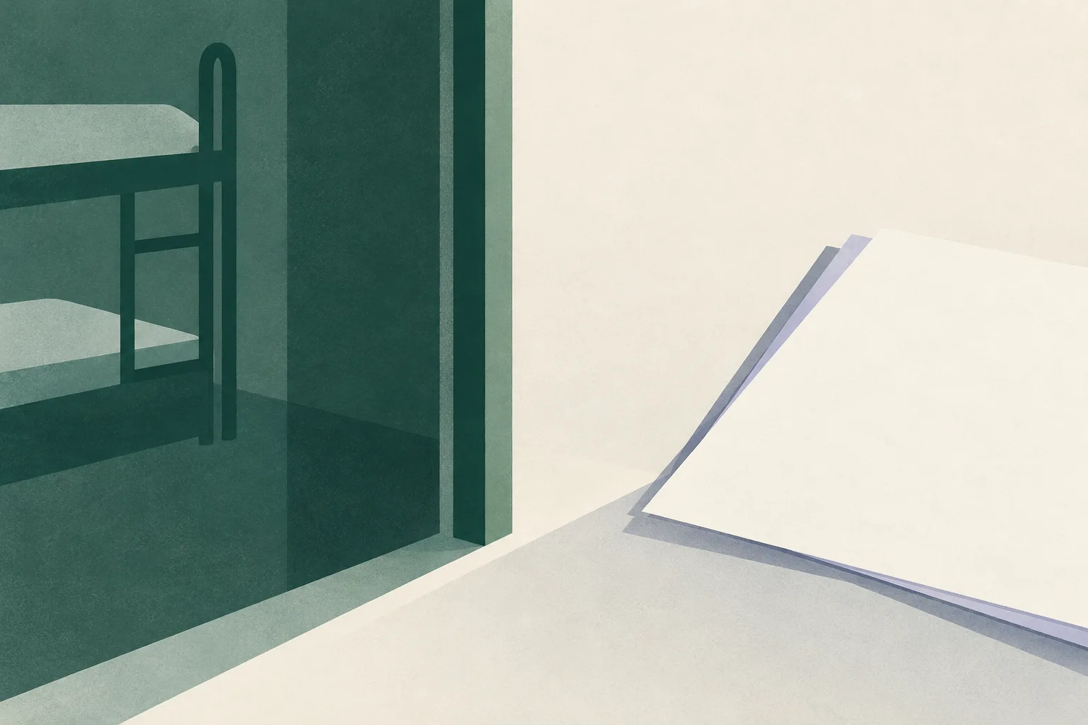 Muted green and cream abstract planes form a quiet threshold beside a separate blank document-like shape, with open space between them.
