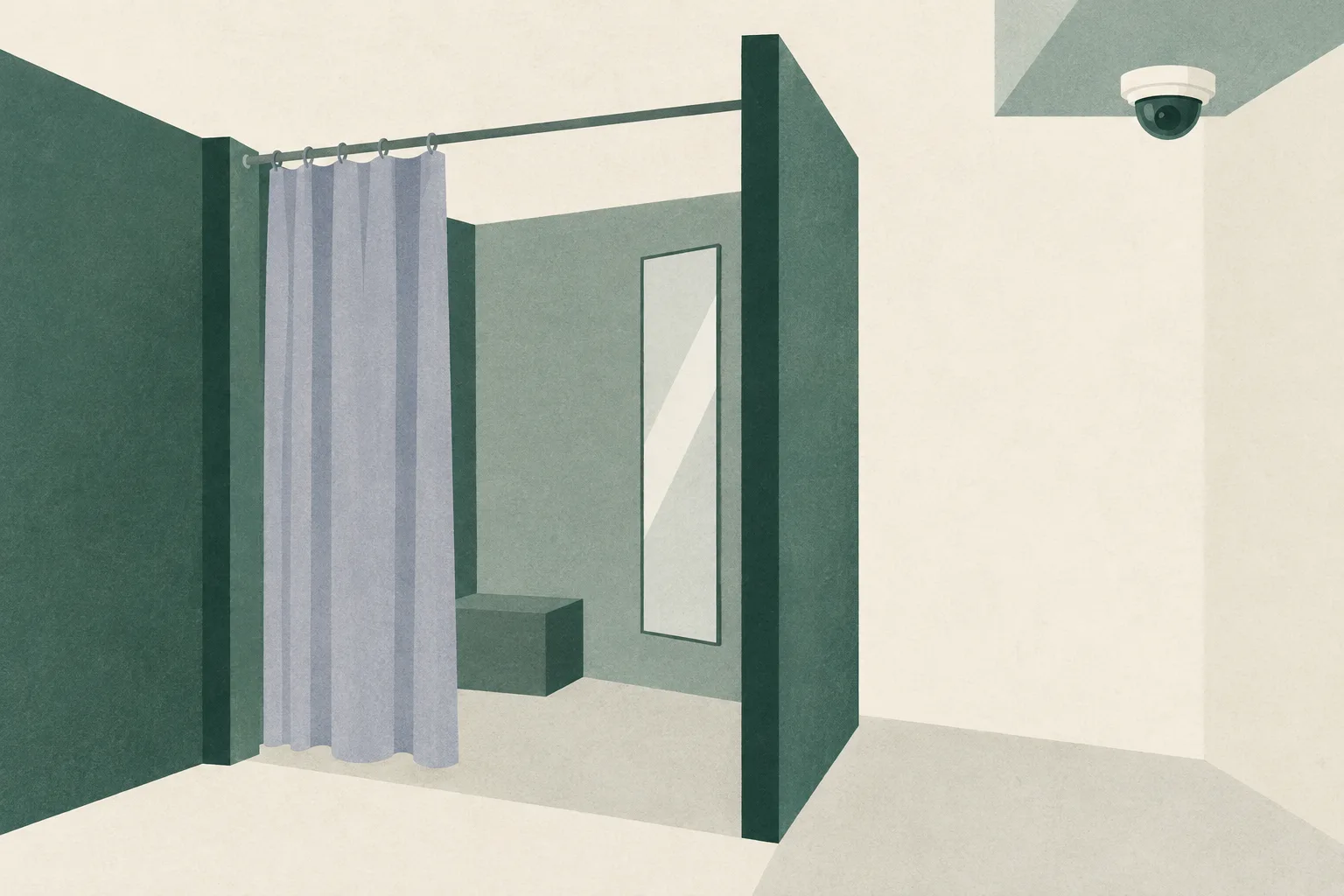 A simple fitting-room partition and mirror sit apart from a small camera shape, separated by a clear boundary.