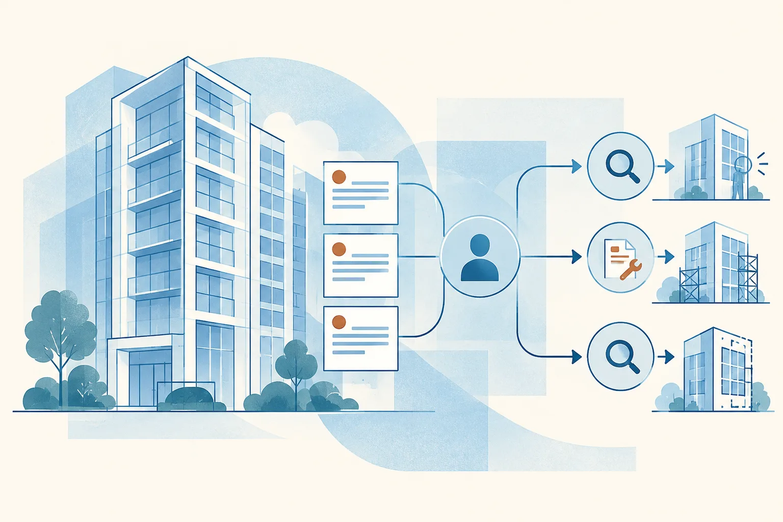 A light-blue architectural outline sits behind a network of report cards connected to inspection and follow-up stages.