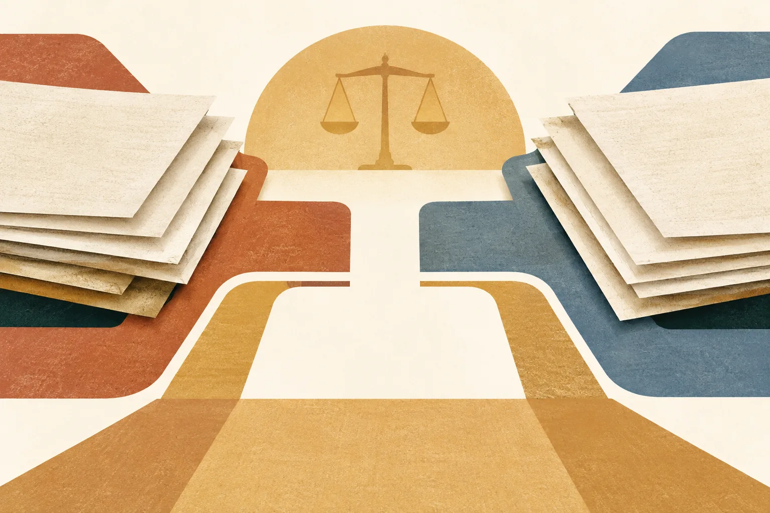Layered cream paper forms sit among parallel terracotta and slate-blue lines, which stop at an open gap.