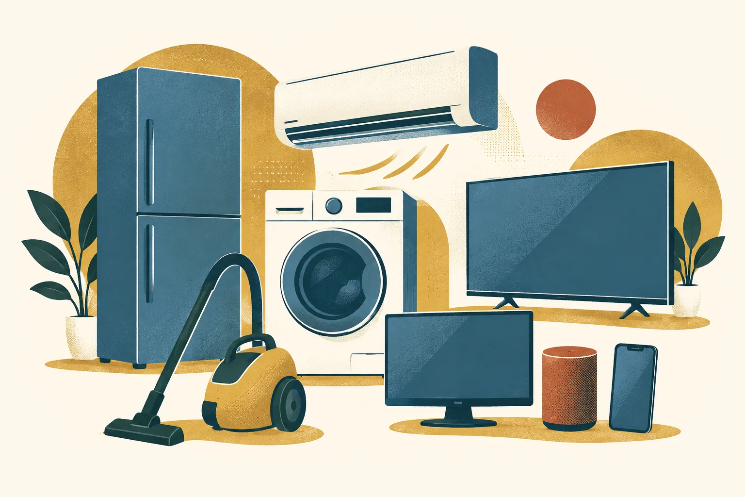 A top-down screen-print still life arranges simplified household appliances beside a television, monitor, audio device and mobile phone on a light cream background.