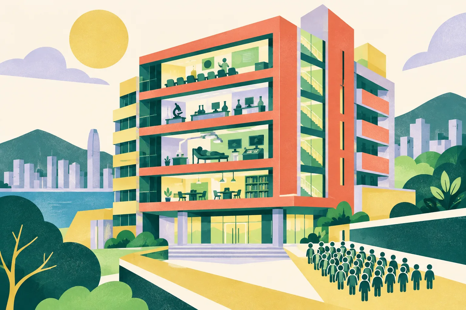 A cut-paper collage shows a generic eight-level academic building beside simple blocks suggesting teaching and research spaces, with a small cluster of marks representing a planned student cohort.