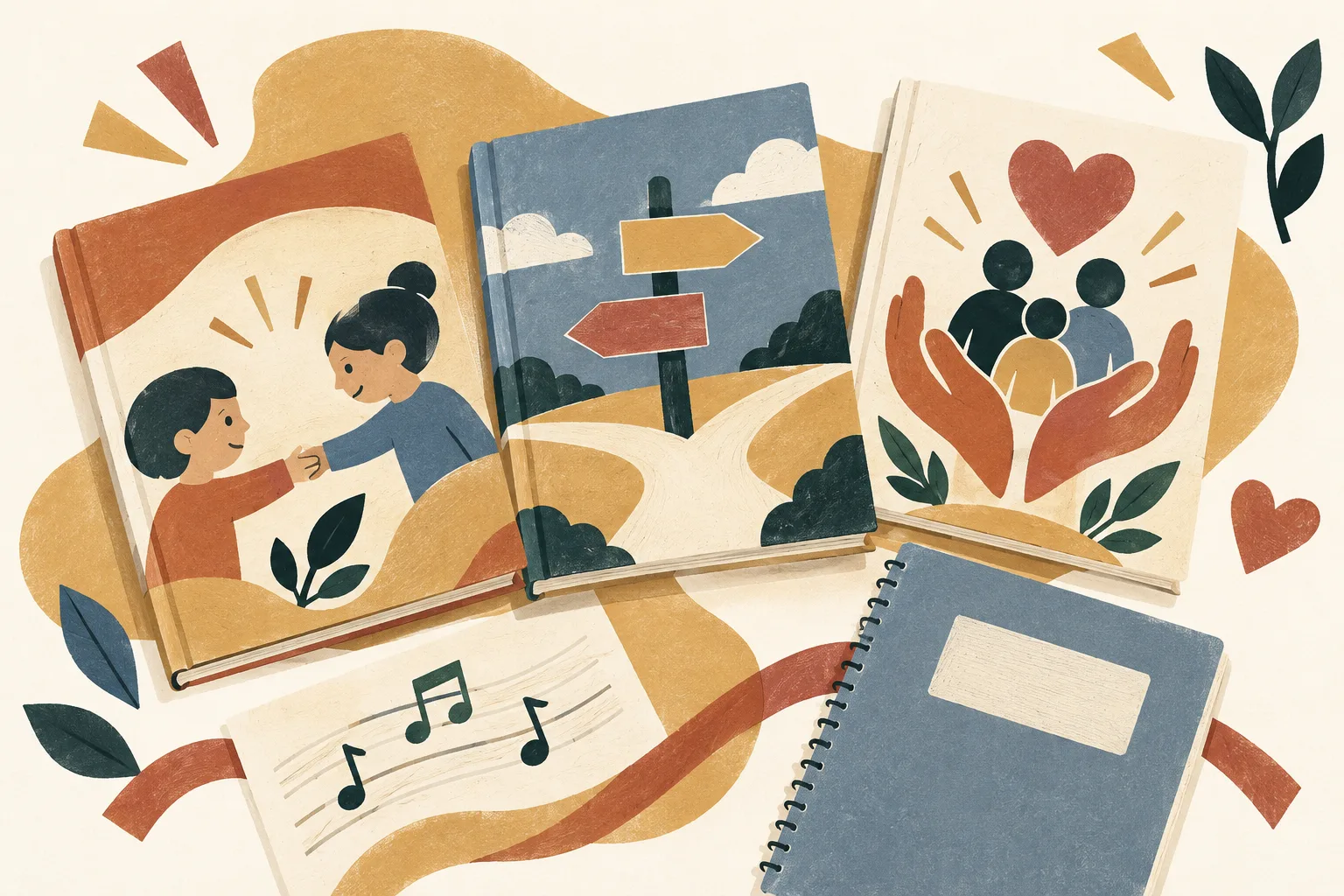 Three colourful picture books with simple abstract symbols are arranged beside a small music-note motif and a plain teaching manual.