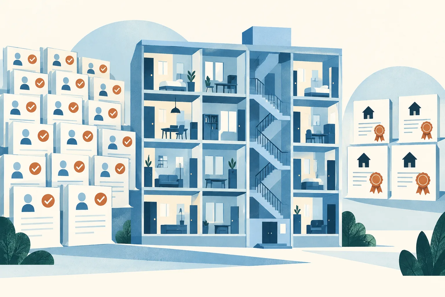 A schematic apartment section made of modular room shapes sits beside orderly registration and certification markers in light blue, cream and a small copper accent.