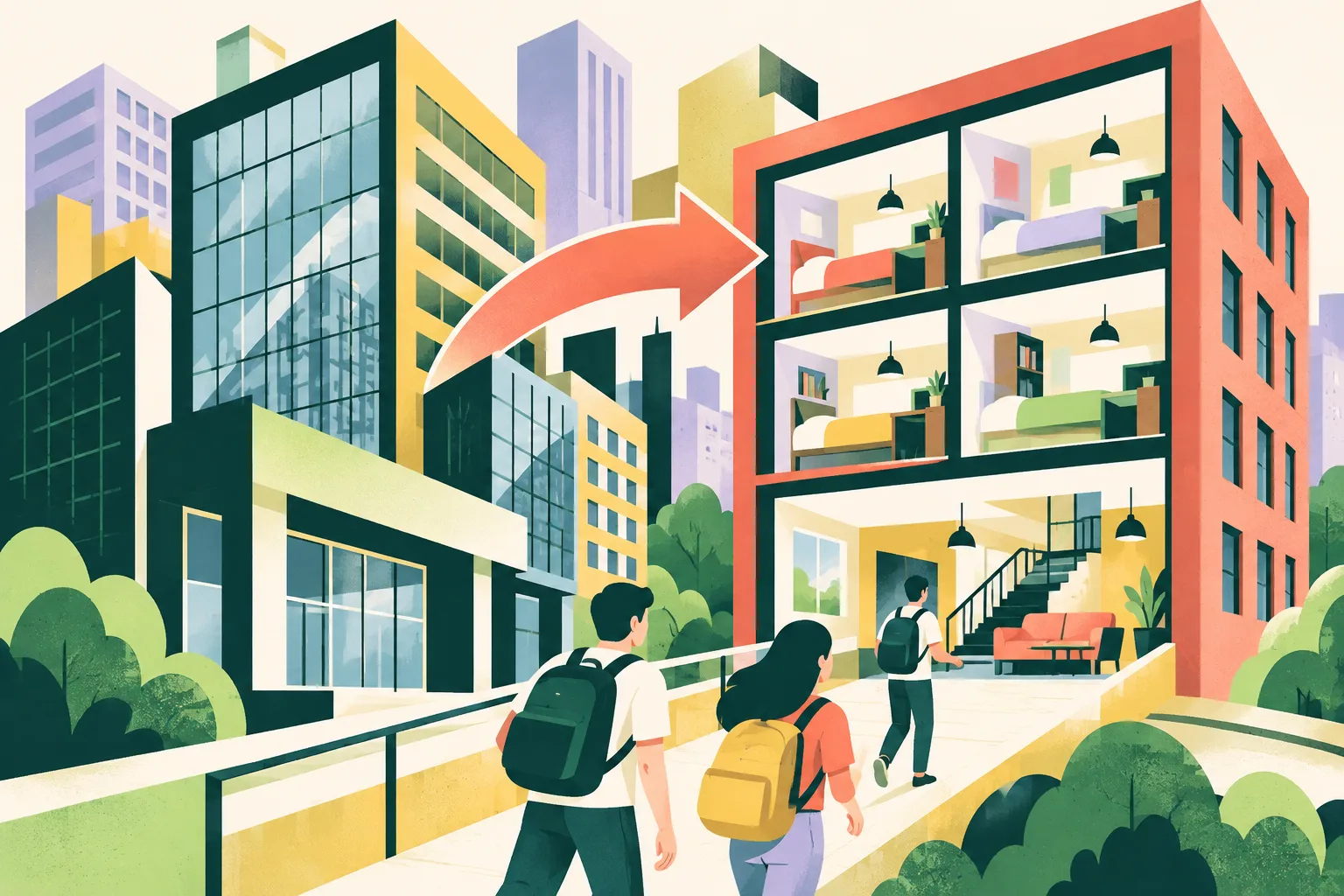 A collage of simplified commercial-building shapes with modular windows, a few small bed forms, and layered panels suggesting buildings being adapted into student hostels.