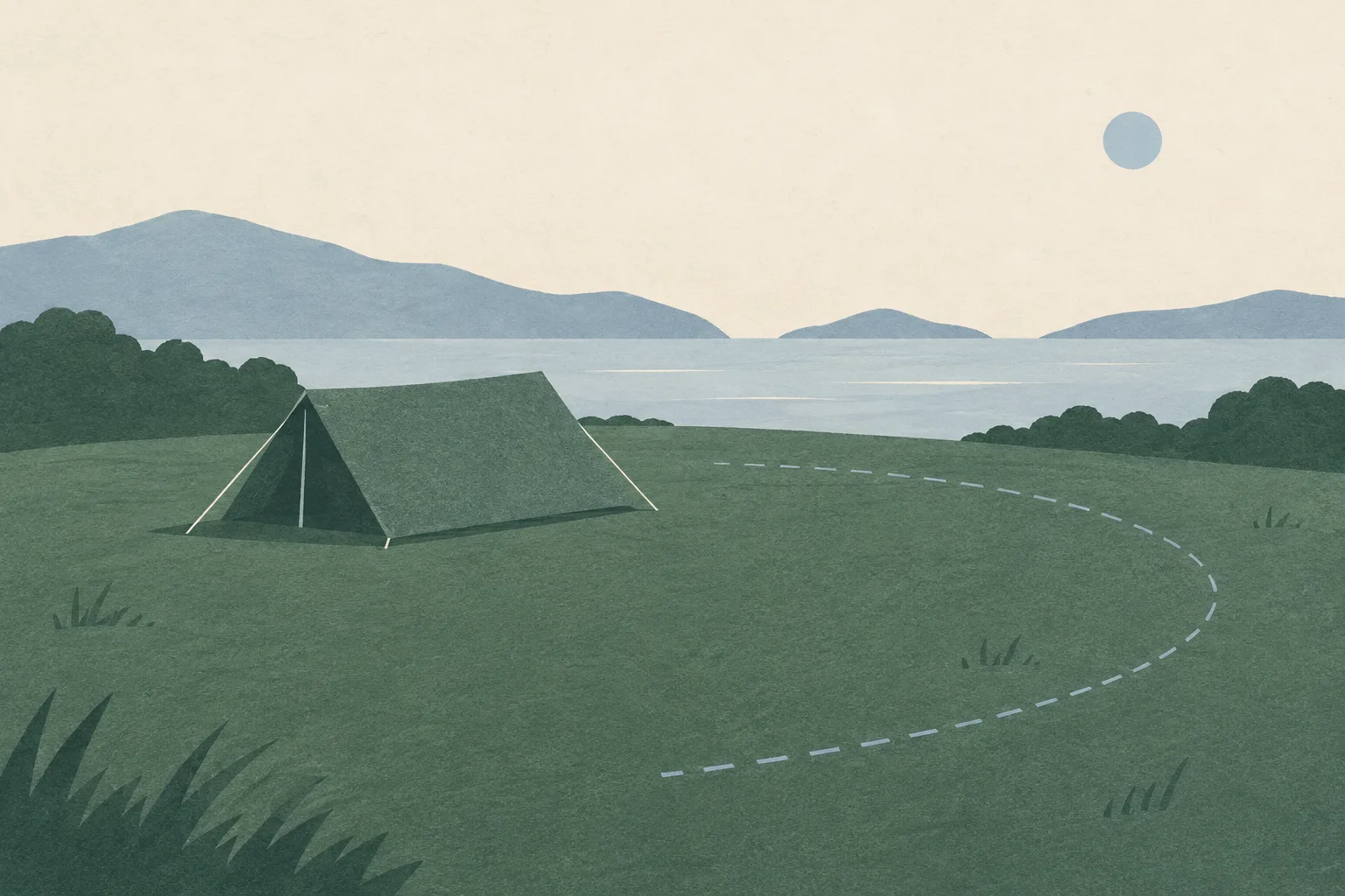 A simple tent-like geometric form sits alone in a pale field, bordered by a faint incomplete contour.