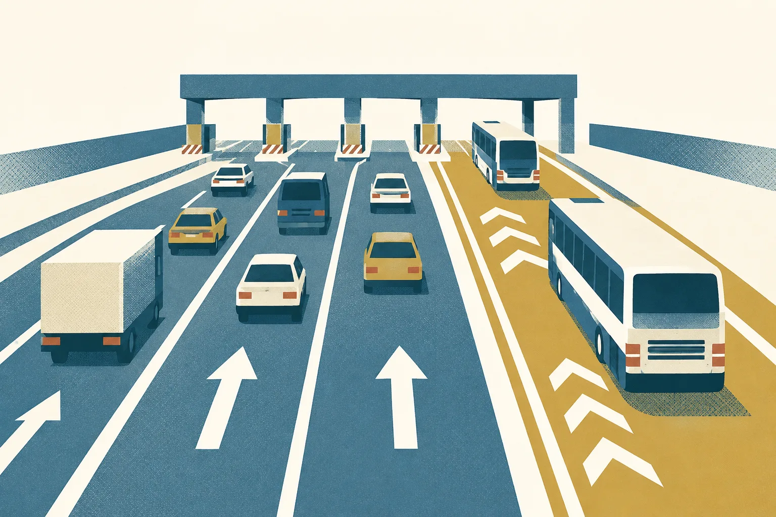 An abstract network of vehicle lanes approaches a simple checkpoint shape, while small buses move along a separate highlighted route.