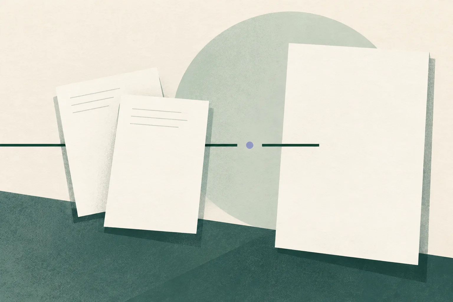 Two blank cream report sheets sit beside a larger unmarked page. A fine muted-teal line stops at a small gap across the otherwise open composition.