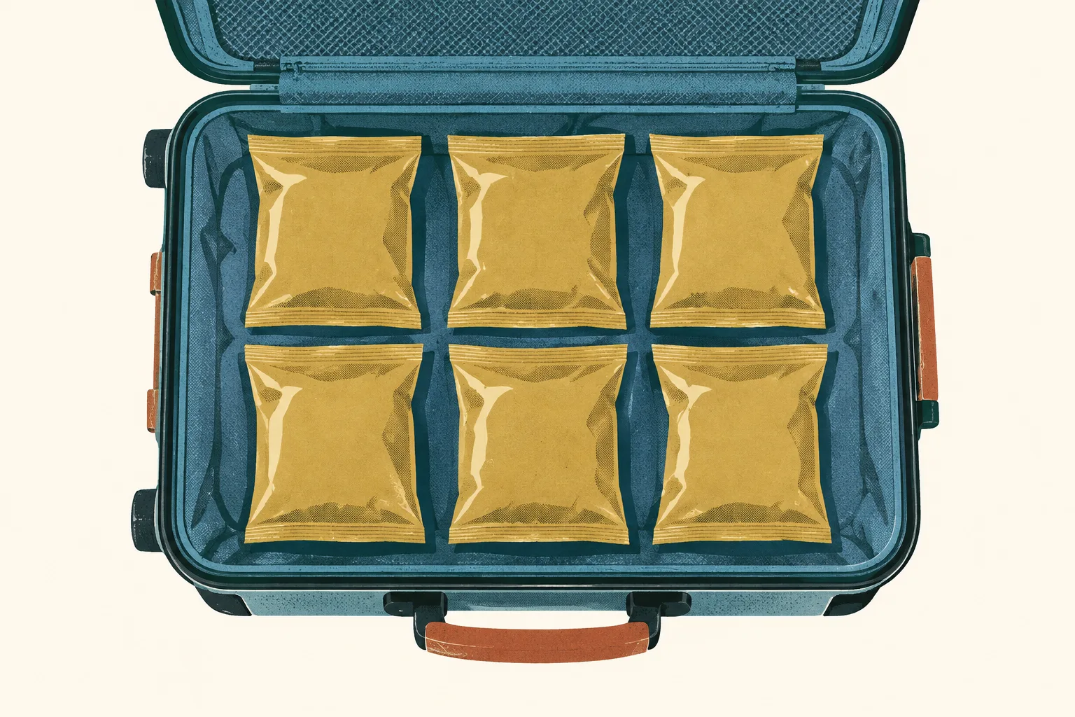 A generic open suitcase containing six plain sealed packages, illustrated in mineral blue, ochre and cream screen-print shapes.