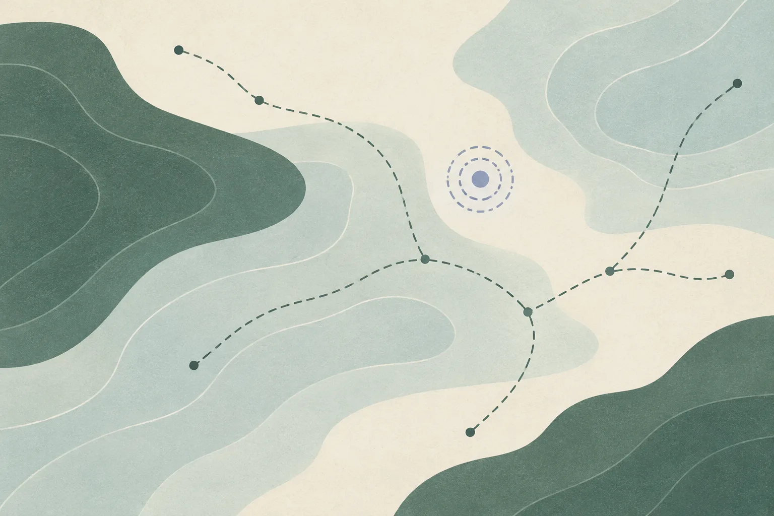 Soft contour-like bands crossed by branching paths, with a small disconnected signal ring on an open, muted field.