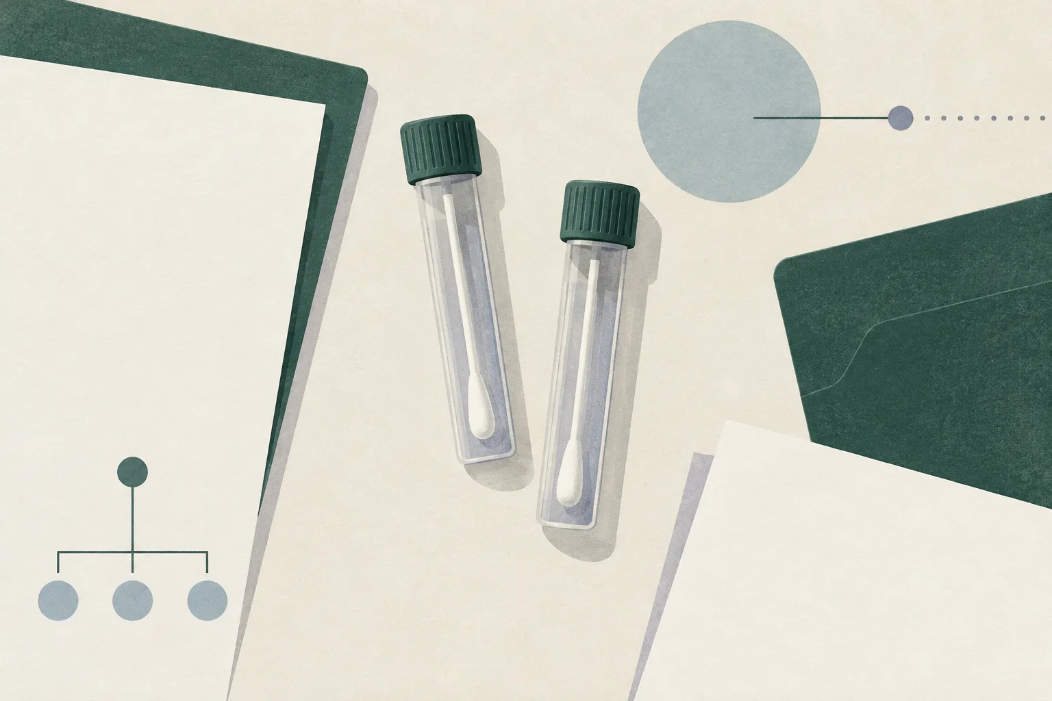 Two plain sample containers sit beside several blank paper shapes on a muted cream surface.