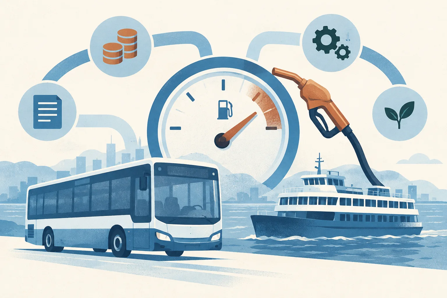 A simplified bus and vessel sit beside an abstract fuel-price dial, with open bands suggesting support measures under consideration.