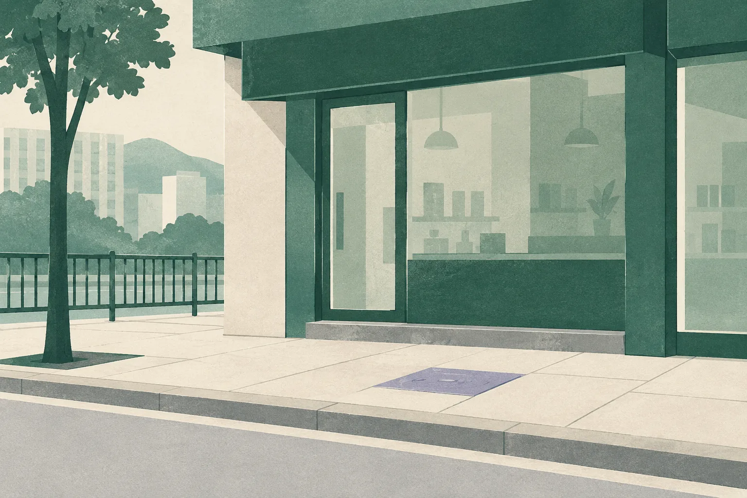 A generic shopfront and adjoining pavement in muted green and cream, with a small gap interrupting the orderly street-edge shapes.