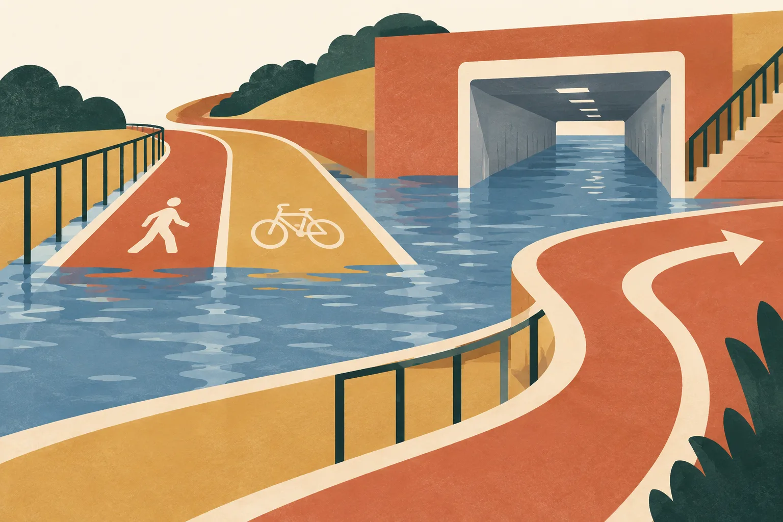 A cut-paper collage of parallel paths and a simple pedestrian tunnel interrupted by shallow blue water, with a curved route suggesting a detour.