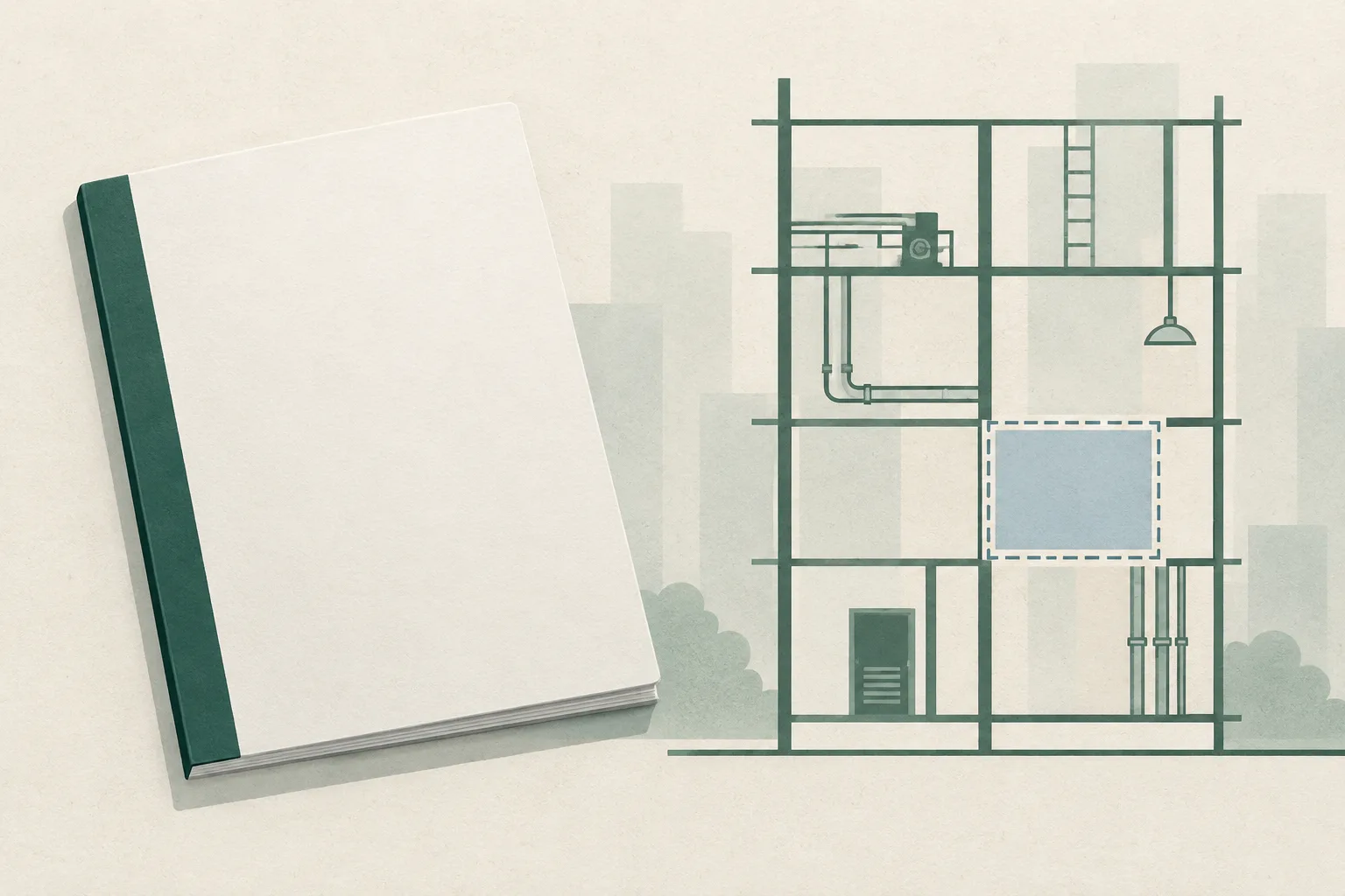 An unlettered report lies beside a quiet grid of building-maintenance lines, with one section left open.