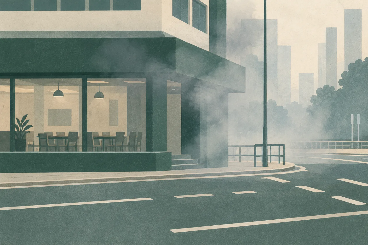 A generic street-level building form beside simplified road bands, with a faint haze above the street and small breaks in the lanes.