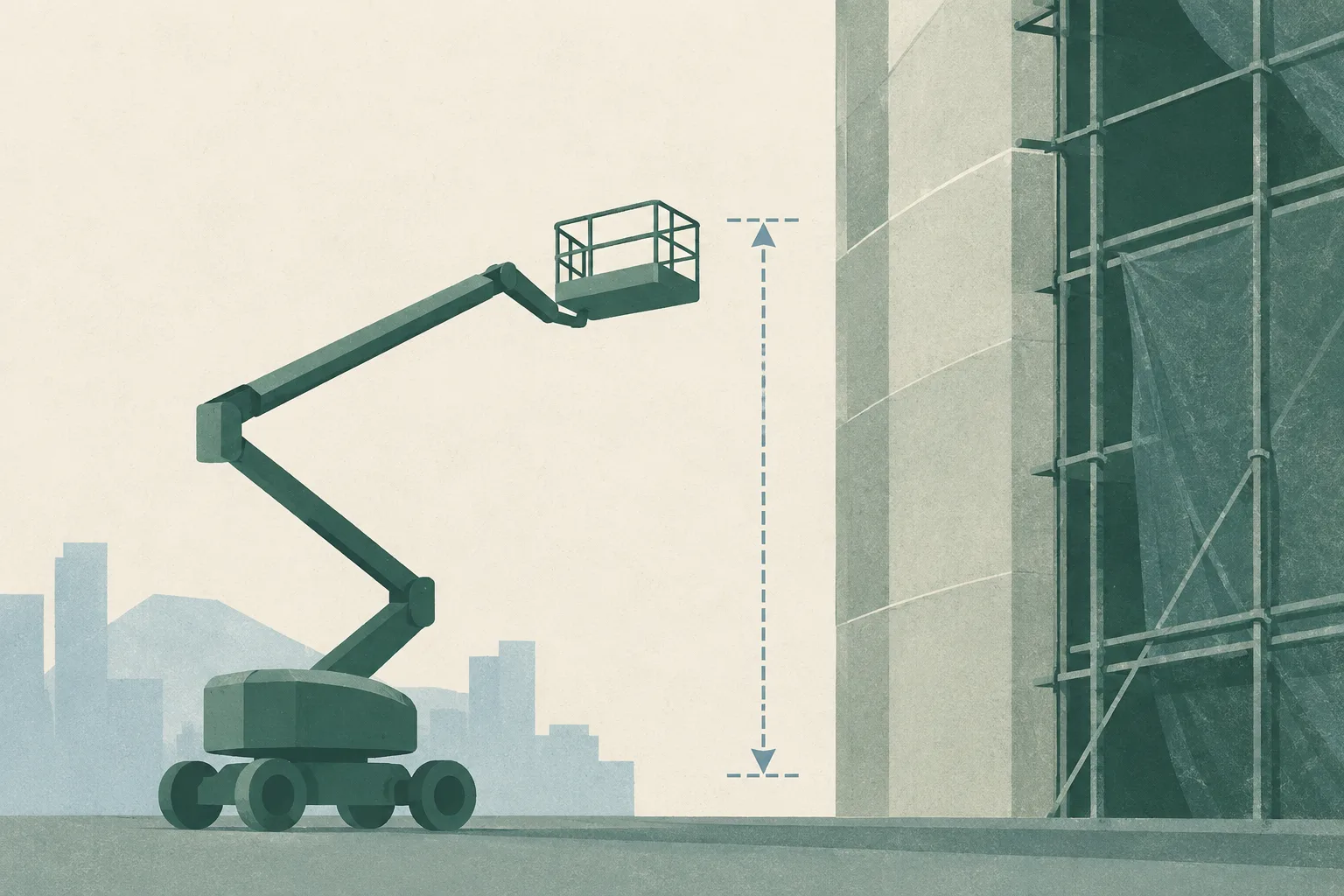 An abstract cream wall plane stands beside a simple empty boom-platform shape, with a fine vertical measure between them.