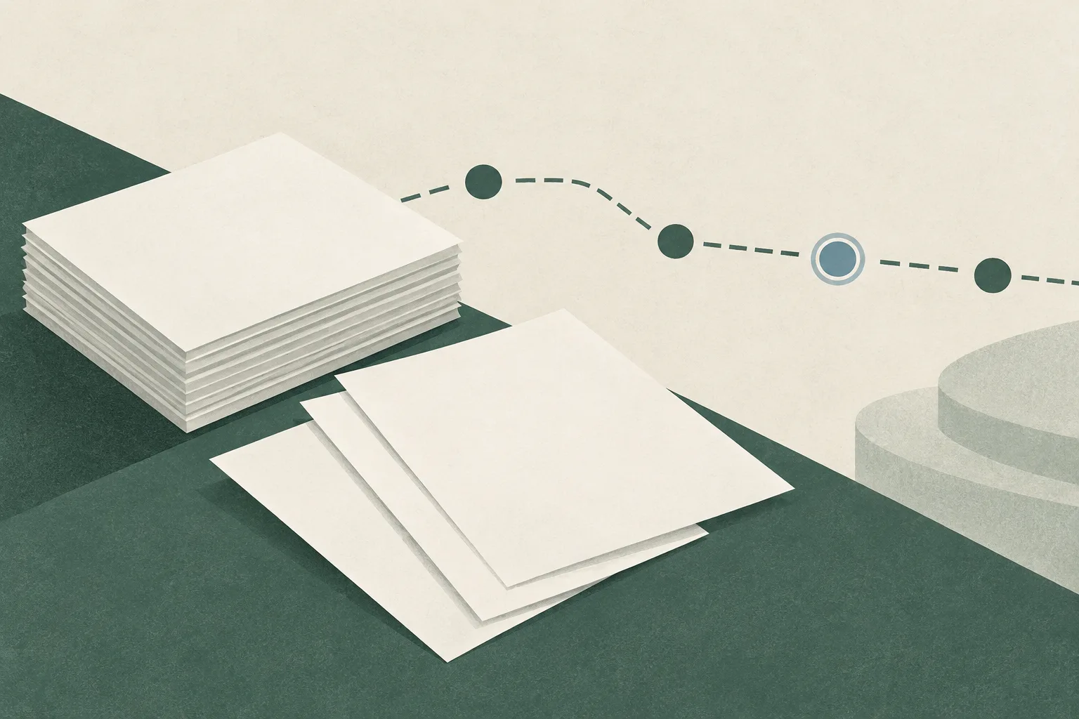 Unmarked cream document sheets sit beside a muted teal line that breaks and resumes across a pale green field.