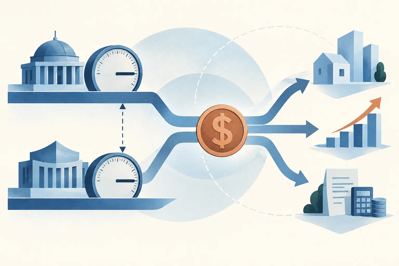 Two steady horizontal rate markers sit at different heights, connected by a branching path to a simple currency disc and small abstract property and finance forms on a light cream field.
