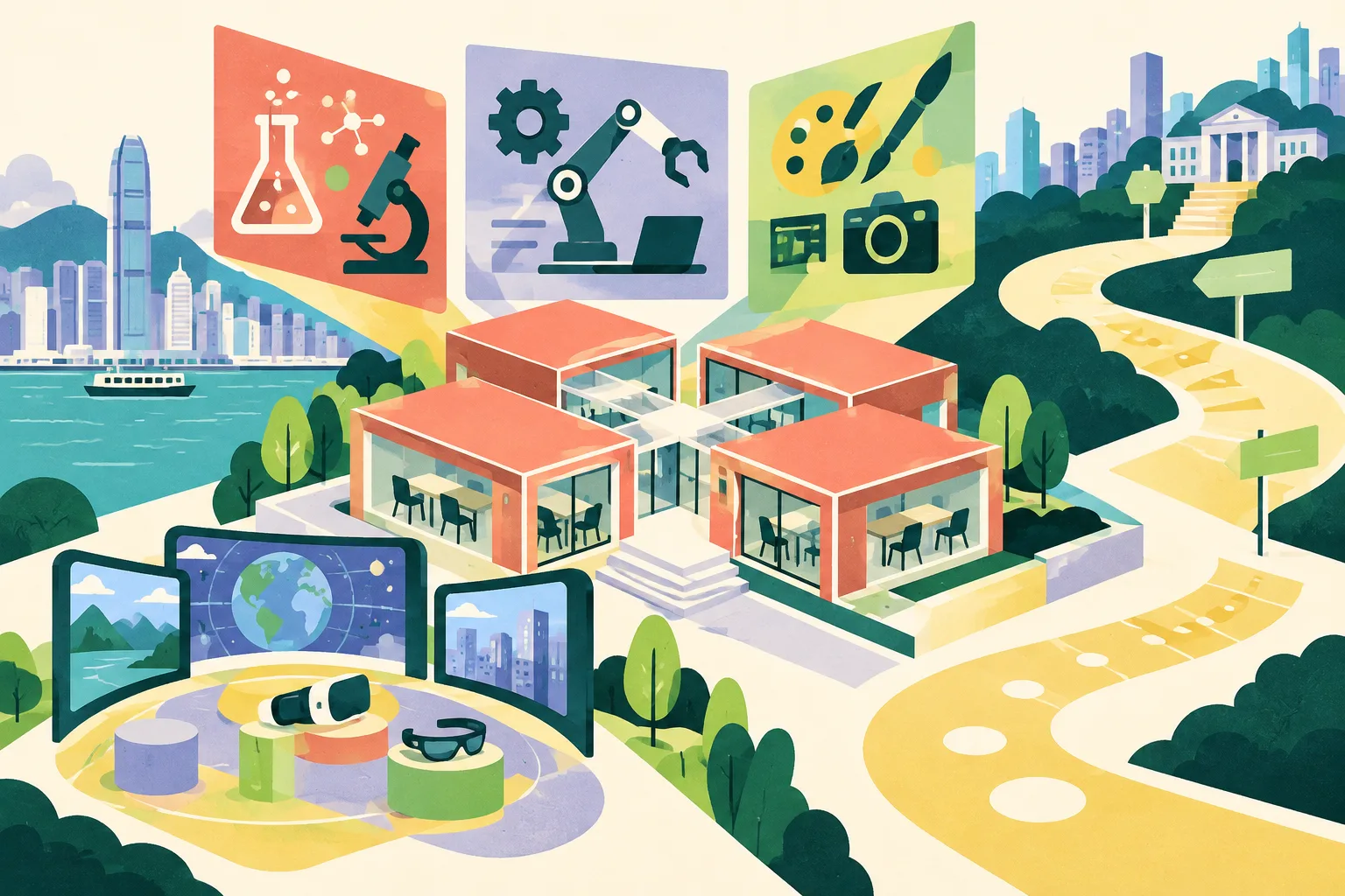 A colourful cut-paper diagram connects three subject panels to four modular classroom blocks, with three screen shapes around an immersive learning area and an open path beyond.