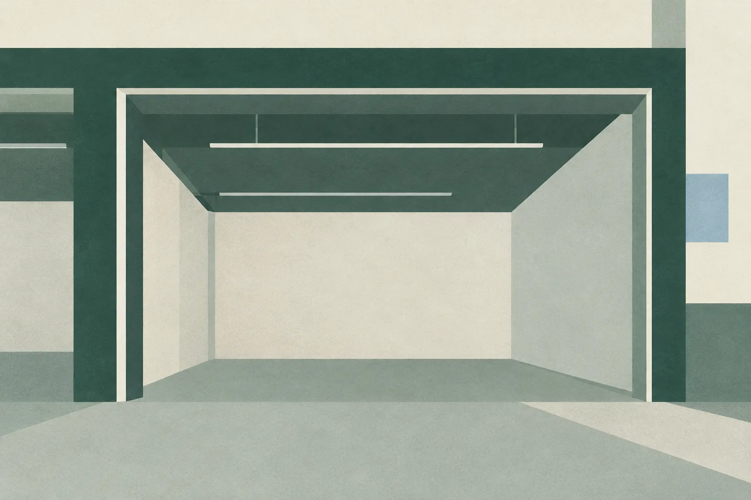 A sparse abstract arrangement of cream and muted green rectangles suggesting an anonymous industrial unit, with one thin line ending before it meets the next.