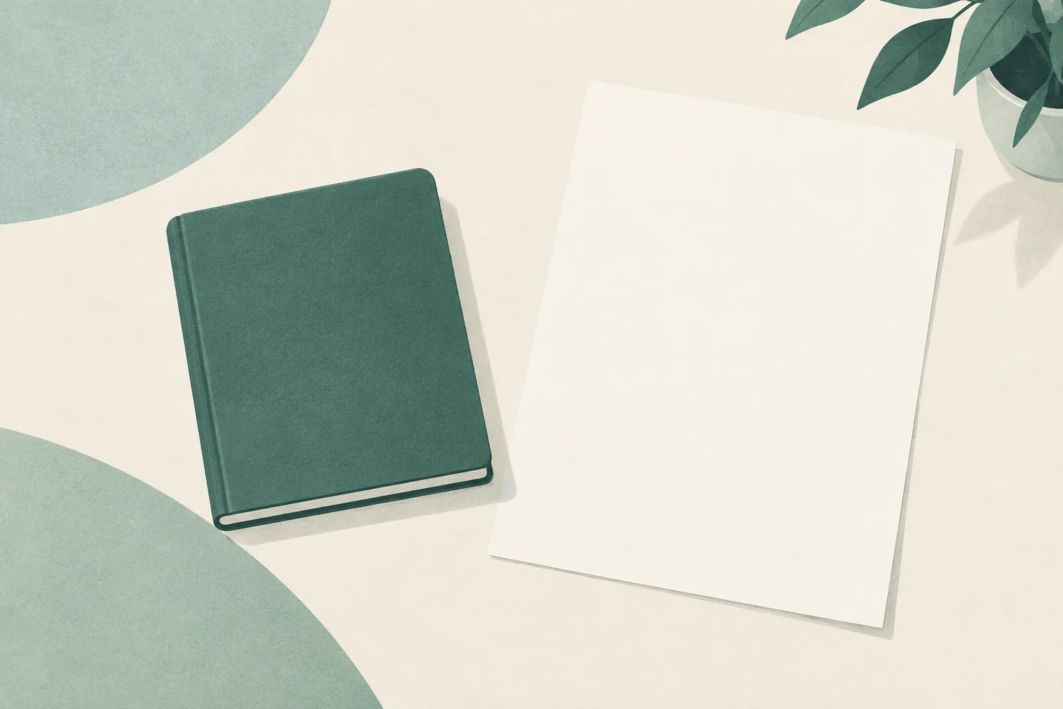 A closed, unmarked notebook rests beside a blank sheet on a soft cream surface, with muted green and dusty teal shapes and generous open space.