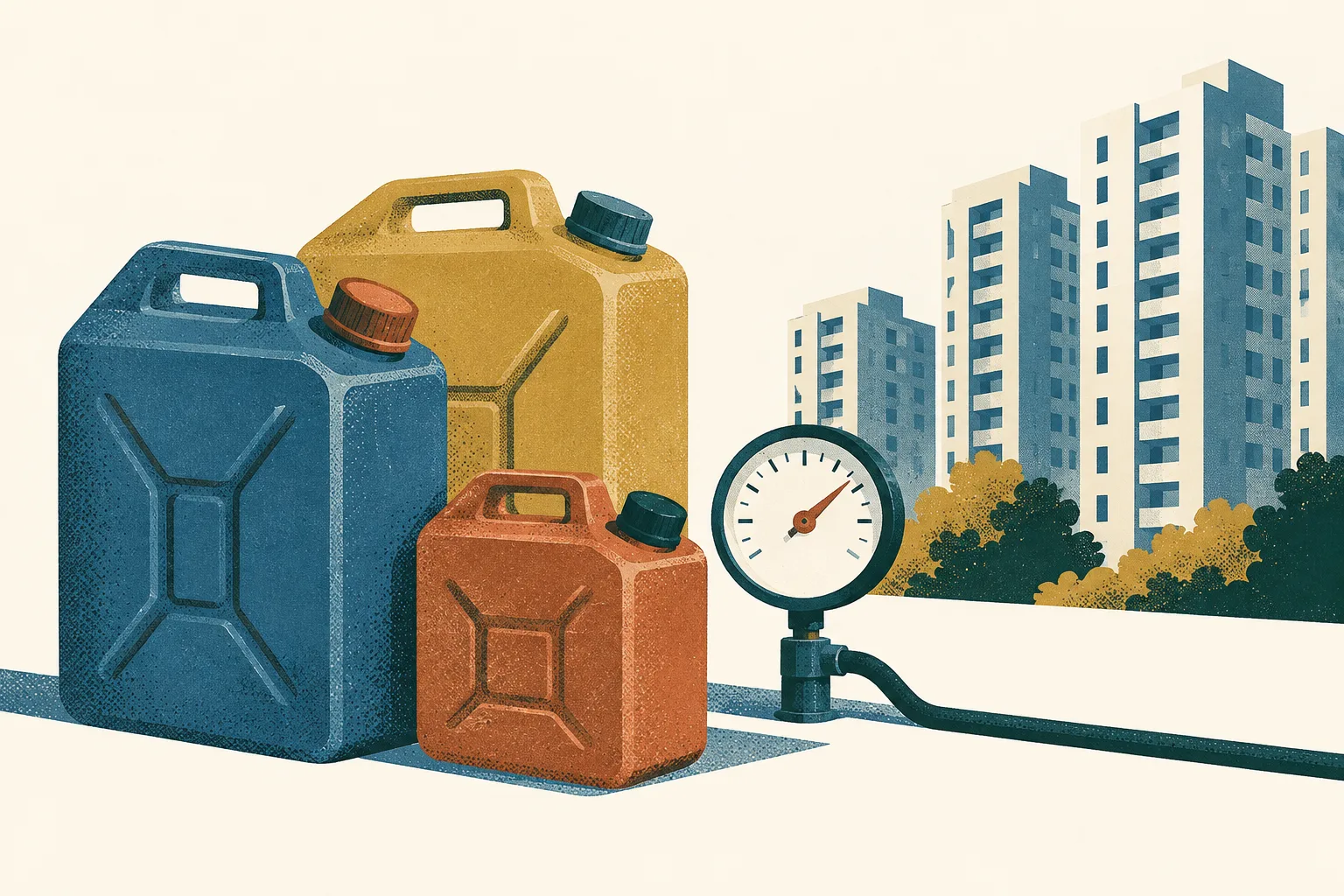 Generic fuel containers and a simple gauge sit beside abstract residential blocks on a light background.